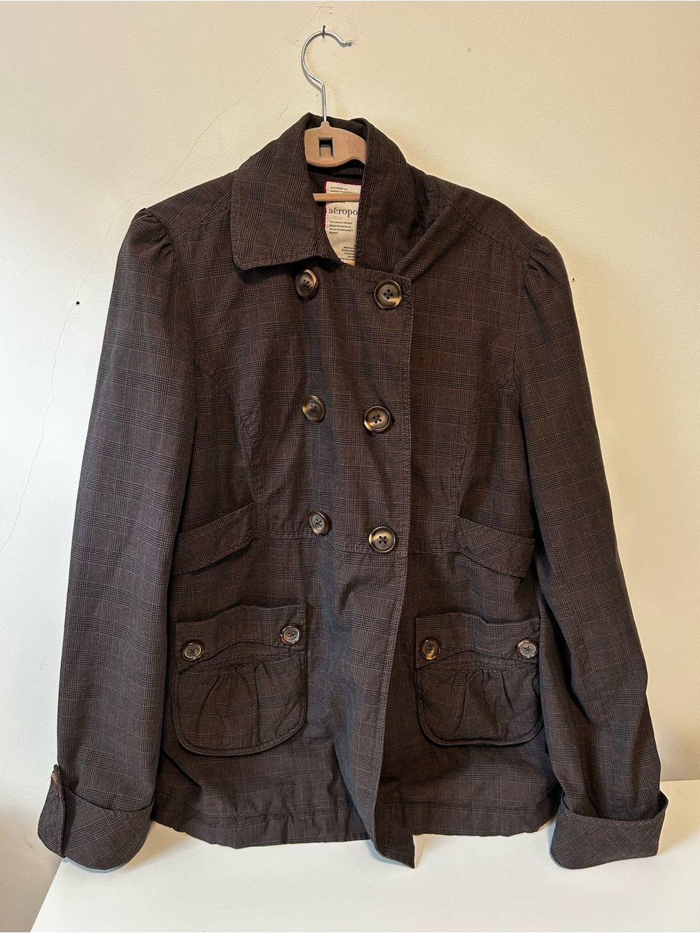 Vintage 2000s Aeropostale Women's Brown Plaid Double-Breasted Pea Coat